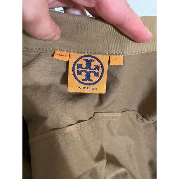 Tory Burch Warren Ruffle Coat 4 Tan Jacket Raincoat Trench Zip Hooded Classic - Picture 6 of 11